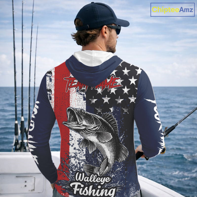 Walleye Custom US Flag Hooded Long Sleeve Shirt, Men's Fishing Shirt NHT412