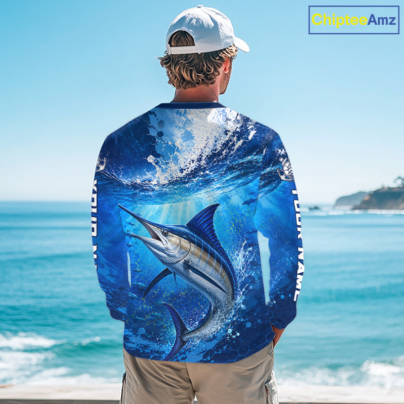 Marlin Fishing Jersey Ocean Blue 3D All Over Print Long Sleeve Performance Shirt