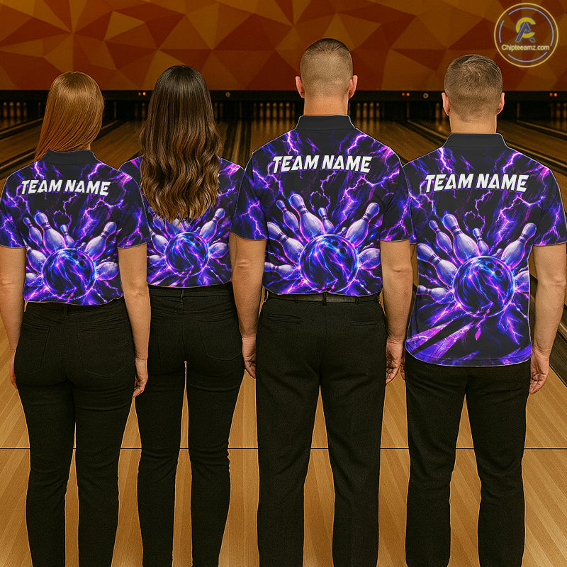 Custom Women Bowling Polo Shirt, Personalized Bowling Team Jersey, Purple Lightning Bowler Shirt NHT1551