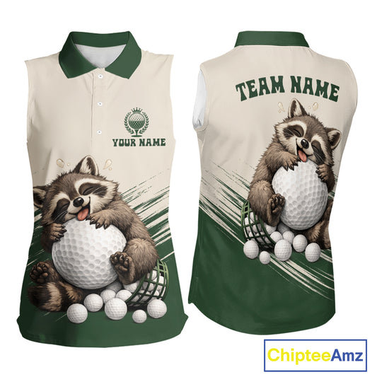 Custom Green Raccoon Golf Jersey For Womens, Custom Name Funny Golf Top For Team NHT935