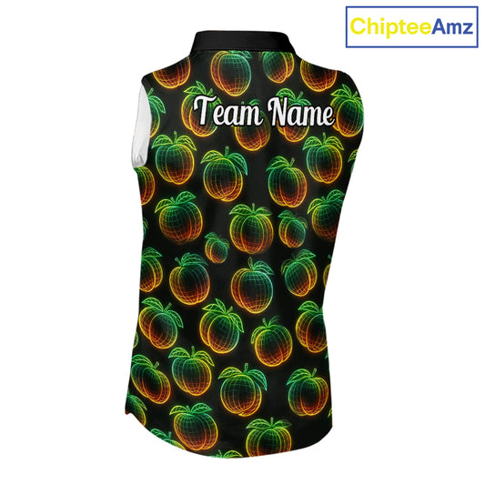 Funny Neon Colorful Peach In Dark Womens Sleeveless Golf Polo Shirt, Funny Fruit Pattern Polo Top NHT578