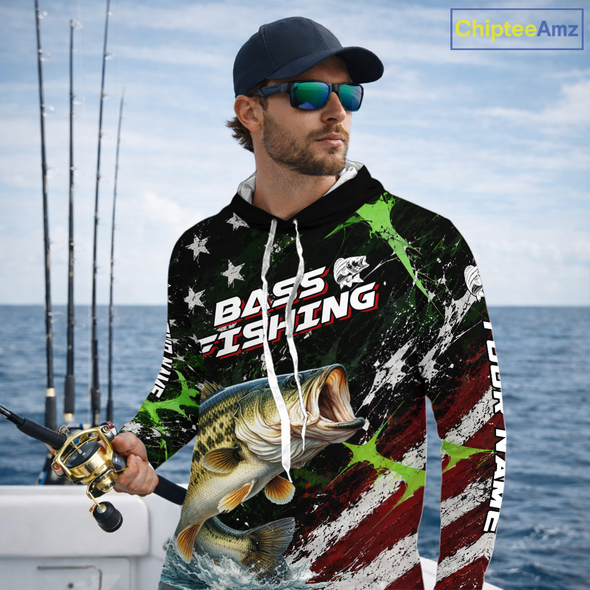 Best Bass Fishing Shirts Long Sleeve Hooded American Flag Patriotic Custom Name Fishing Tournament NHT964