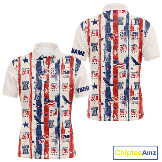 Polo shirt with American flag and freedom-themed design on a white background