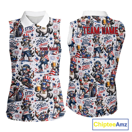 Funny Patriotic Raccoon Personalized Women's Sleeveless Golf Polo Shirt- America 250 Years Golf Gift
