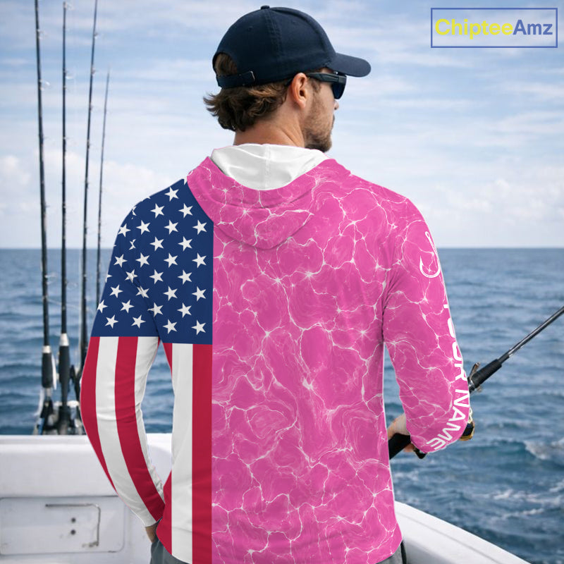 Texas Fishing Shirt Pink American Flag Men's Long Sleeve Hooded Fishing Apparel NHT1152