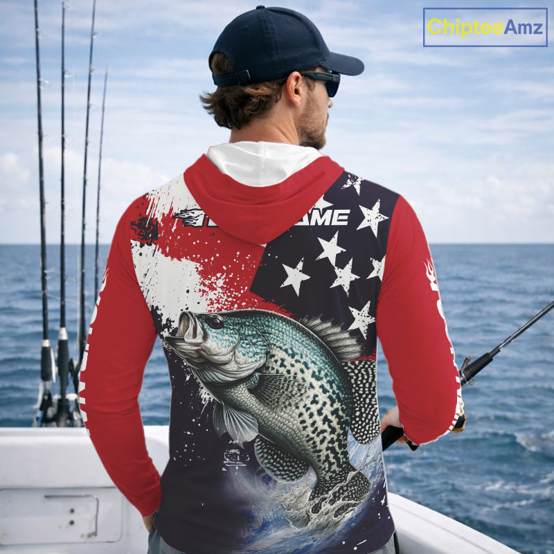 Personalized Crappie Fishing Jerseys, Custom American Flag Crappie Hooded Fishing Shirts Long Sleeve NHT491