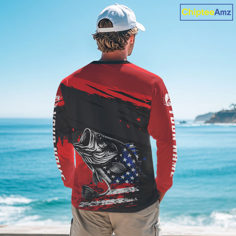 Bass American Flag Fishing Shirt Long Sleeve, Red Fishing Jersey For Fisherman NHT496