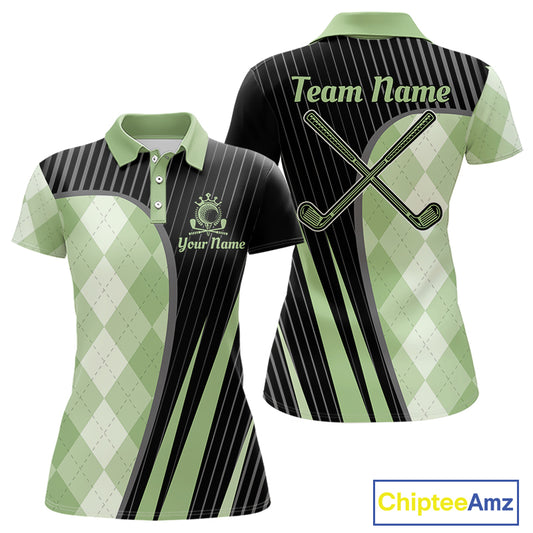 Womens Golf Polo Shirt Green Black Argyle Plaid Golf Pattern Custom, Womens Shirt Golf Tops NHT667