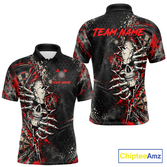 Skull Dartboard Polo 1/4-Zip Shirt For Men Custom Red Darts Team Tournament Jersey NHT1651