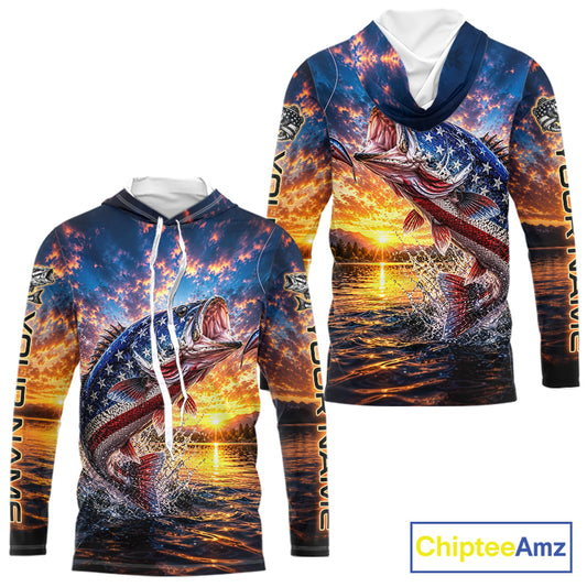American Flag Bass Fishing Jersey – Patriotic Sunset Lake Angler Long Sleeve Hooded For Men