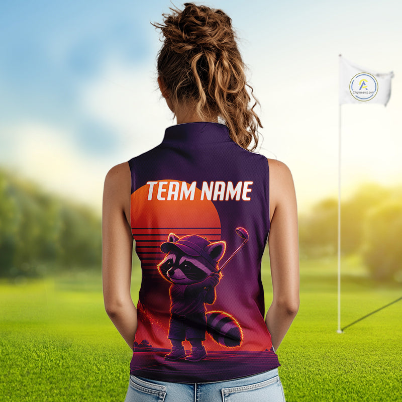 Personalized Raccoon Golf Shirt - Retro Sunset Womens Sleeveless Golf Polo Shirt