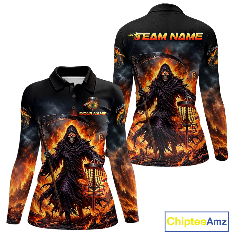 Womens long sleeve disc golf polo shirt with flaming grim reaper graphic, custom name and number, sporty fit.