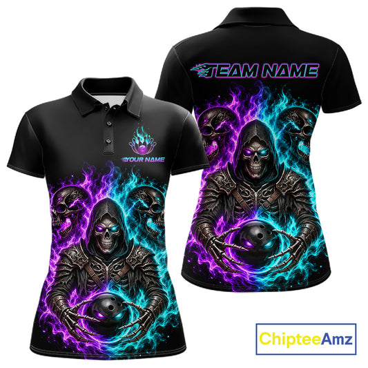 Personalized Women Bowling Jersey Custom Name Purple Blue Grim Reaper Skull Bowling Polo Shirt Gift NHT1671