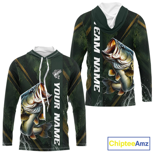 Personalized Hooded Bass Fishing Jersey – Green Angler Shirt Custom Name, Fishing Gift For Men NHT874