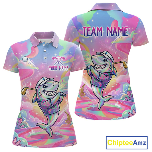 Funny Pastel Shark Womens Golf Polo Shirt Custom Ocean Golf Shirt, Polo Gift For Golf Lovers NHT898