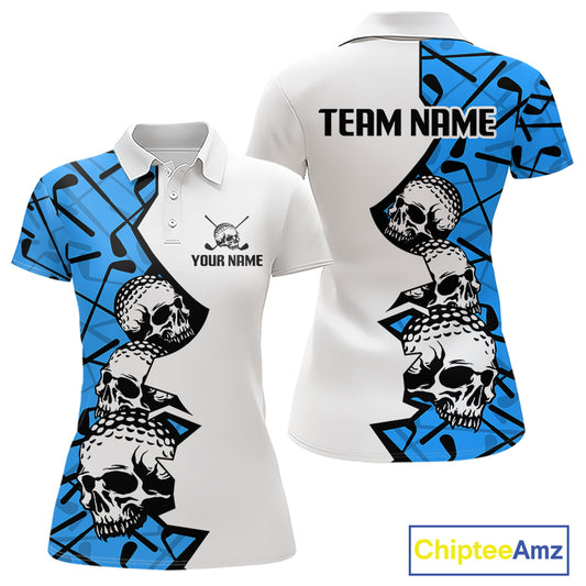 Custom Skull Womens Golf Polo Shirt Personalized Name, Golf Team Polo Jersey| Blue