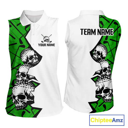 Custom Skull Womens Sleeveless Golf Polo Shirt Personalized Name, Golf Team Polo Jersey| Green