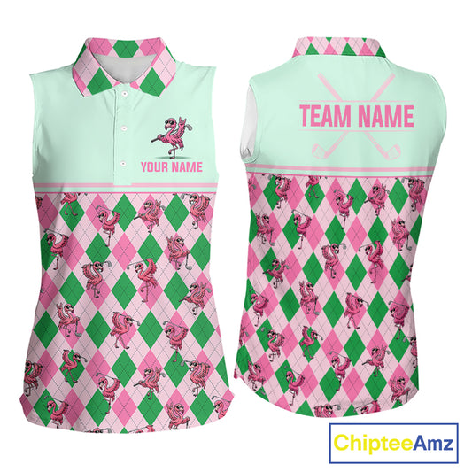 Front and back views of a sleeveless polo shirt with a pink and green argyle pattern featuring cartoon pig characters. The front has a light green collar and upper chest with customizable text, while the back features a light green background with pink 'TEAM NAME' and crossed golf clubs.