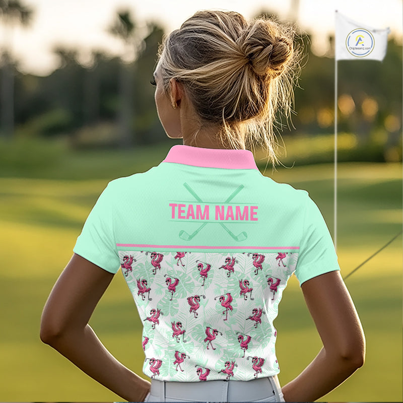 Custom Flamingo Womens Golf Polo Shirt Personalized Name & Team Outfits Mint Green Pink Preppy Golf Shirt NHT1228
