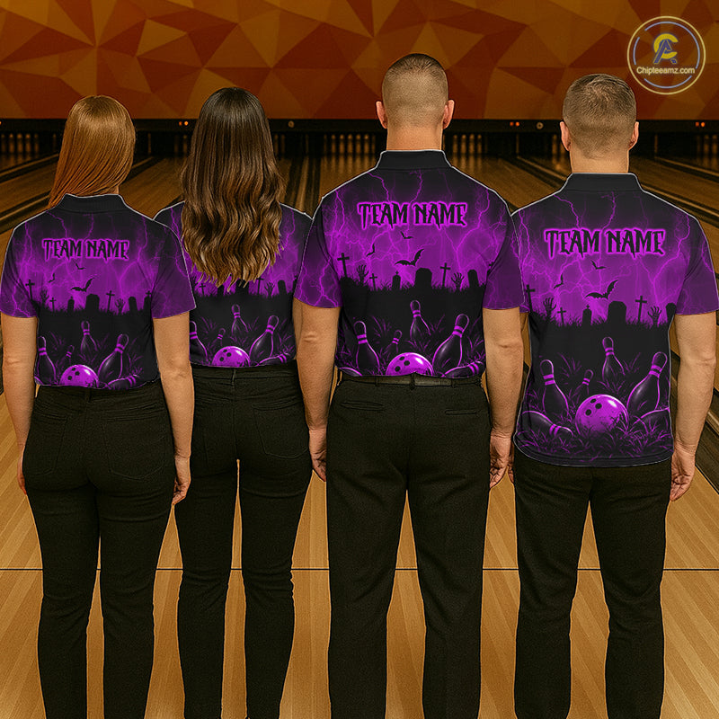 Purple Halloween Bowling Shirt, Personalized Skeleton Bowling Shirt With Custom Team Name For Men NHT1525