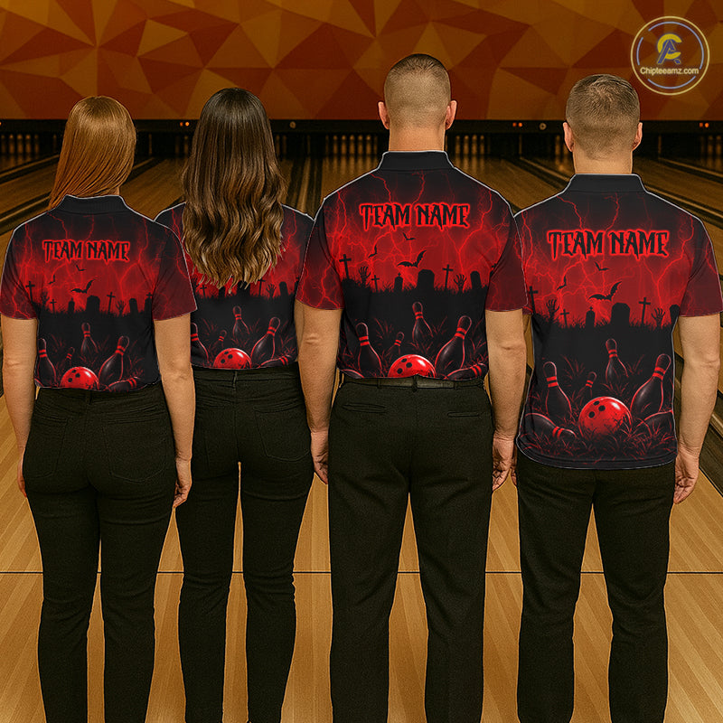 Red Halloween Bowling Shirt, Personalized Skeleton Bowling Shirt With Custom Team Name For Women NHT1526