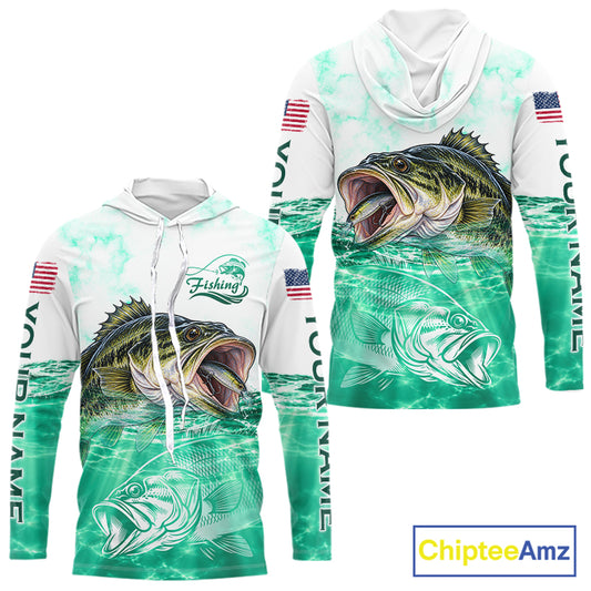 Green Largemouth Bass Fishing Shirt Custom US Flag Blue Ocean Sports Long Sleeve Hooded Jersey NHT1701
