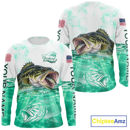 Green Largemouth Bass Fishing Shirt Custom US Flag Blue Ocean Sports Long Sleeve Jersey NHT1701