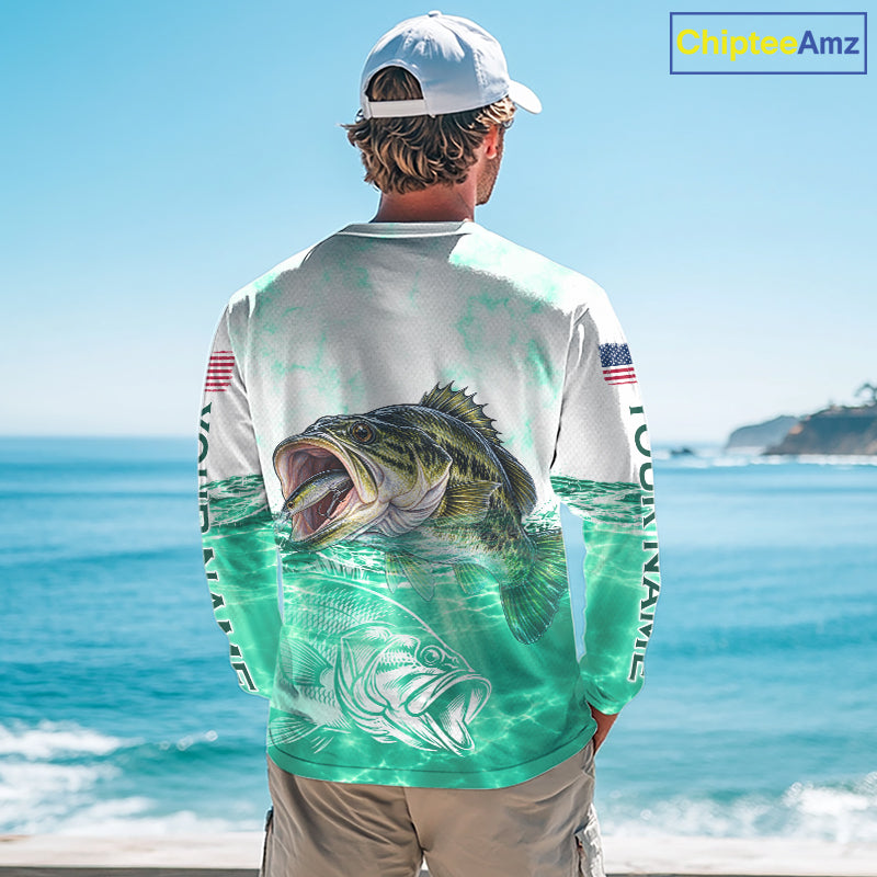 Green Largemouth Bass Fishing Shirt Custom US Flag Blue Ocean Sports Long Sleeve Jersey NHT1701