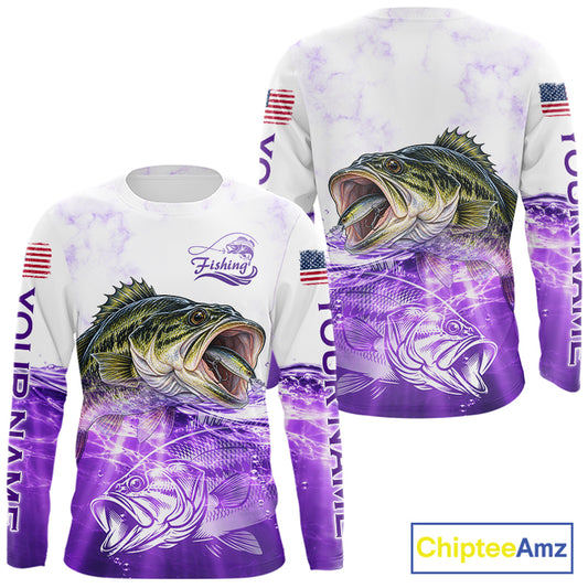Purple Largemouth Bass Fishing Shirt Custom US Flag Blue Ocean Sports Long Sleeve Jersey NHT1702