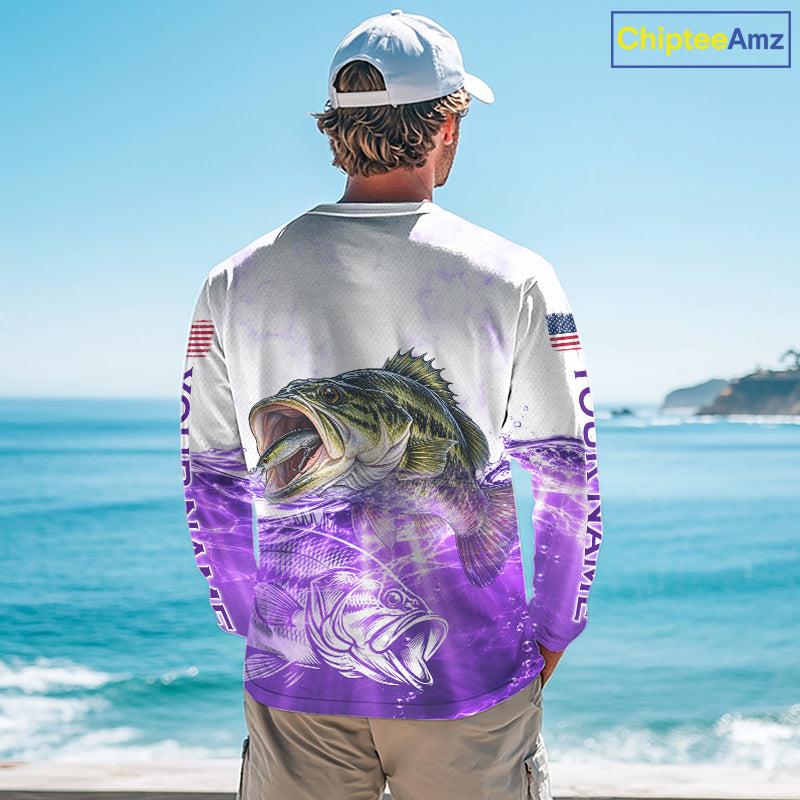 Purple Largemouth Bass Fishing Shirt Custom US Flag Blue Ocean Sports Long Sleeve Jersey NHT1702