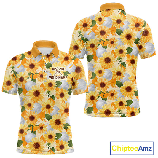Personalized Sunflower Mens Golf Polo Shirt Custom Name Floral Golf Polo For Men
