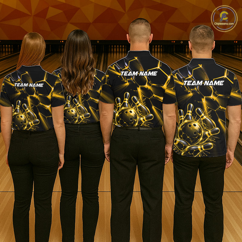 Women Yellow Glowing Lines Bowling Ball Jersey, Custom Team Name Bowling Polo Shirt NHT1540