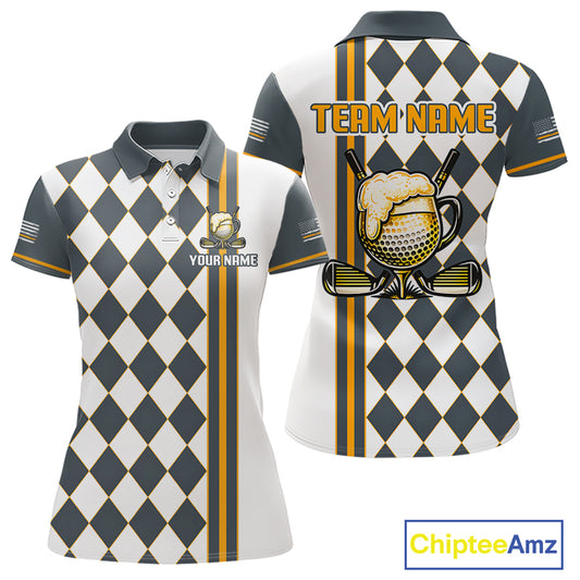 Personalized Womens Golf Polo Shirt Beer And Golf Ball Graphic Custom Team Name Golf Jersey|White