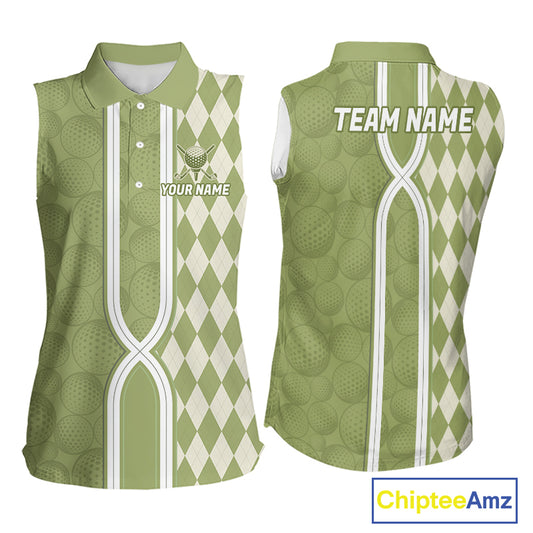 Custom Women Sleeveless Golf Polo Shirt, Argyle Green Golf Shirt, Personalized Name Team Golf Polo NHT1556