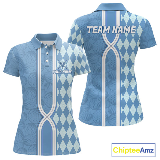 Custom Women Golf Polo Shirt, Argyle Blue Golf Shirt, Personalized Name Team Golf Polo NHT1557