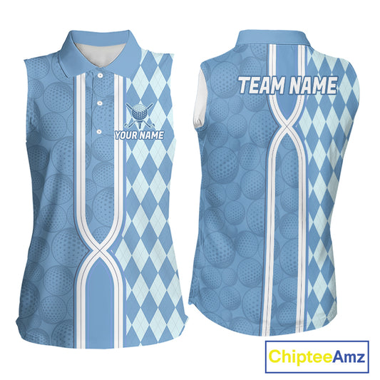 Custom Women Sleeveless Golf Polo Shirt, Argyle Blue Golf Shirt, Personalized Name Team Golf Polo NHT1557