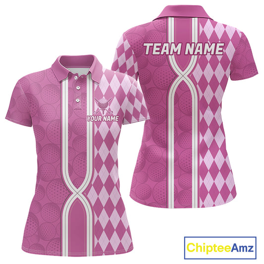 Custom Women Golf Polo Shirt, Argyle Pink Golf Shirt, Personalized Name Team Golf Polo NHT1558