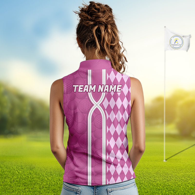 Custom Women Sleeveless Golf Polo Shirt, Argyle Pink Golf Shirt, Personalized Name Team Golf Polo NHT1558