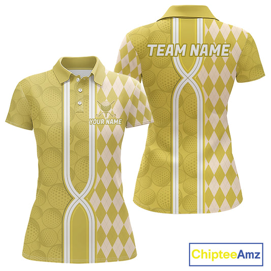 Custom Women Golf Polo Shirt, Argyle Yellow Golf Shirt, Personalized Name Team Golf Polo NHT1559