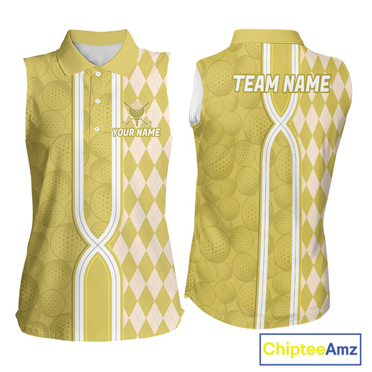 Custom Women Sleeveless Golf Polo Shirt, Argyle Yellow Golf Shirt, Personalized Name Team Golf Polo NHT1559
