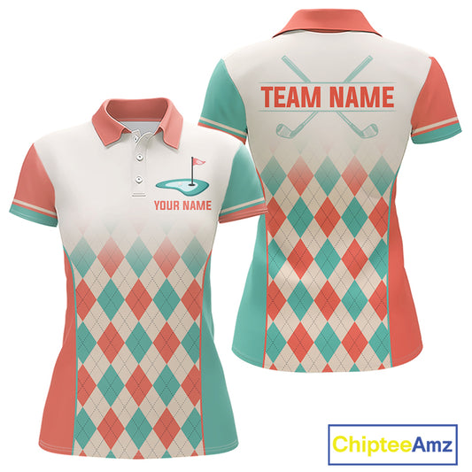 Argyle Pattern Golf Polo Shirts For Womens Custom Name, Golf Pattern Orange Turquoise Shirt Gifts NHT929
