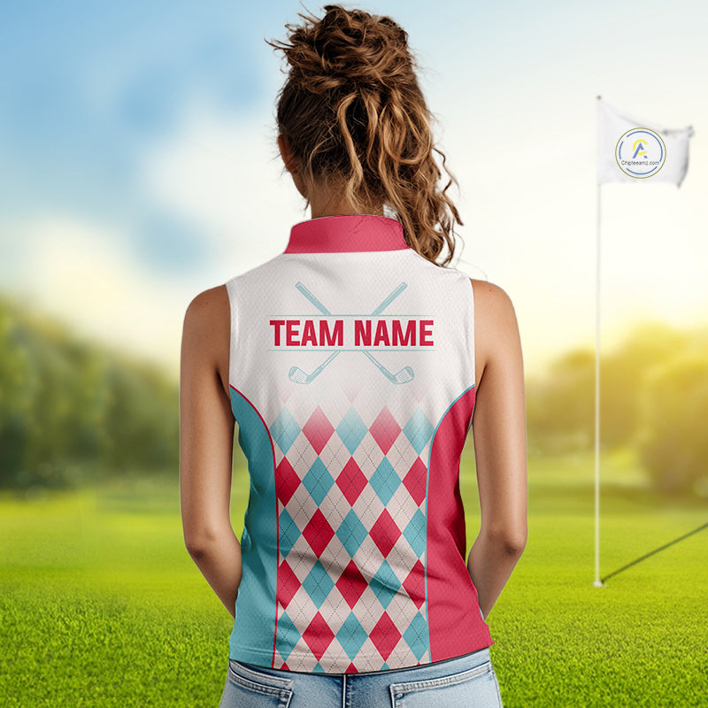 Argyle Pattern Womens Sleeveless Golf Polo Shirts For Womens Custom Name, Golf Pattern Red Blue Shirt Gifts NHT931