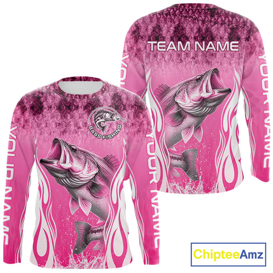 Personalized Team Bass Fishing Shirt - Long Sleeve Tournament Fishing Apparel|Pink