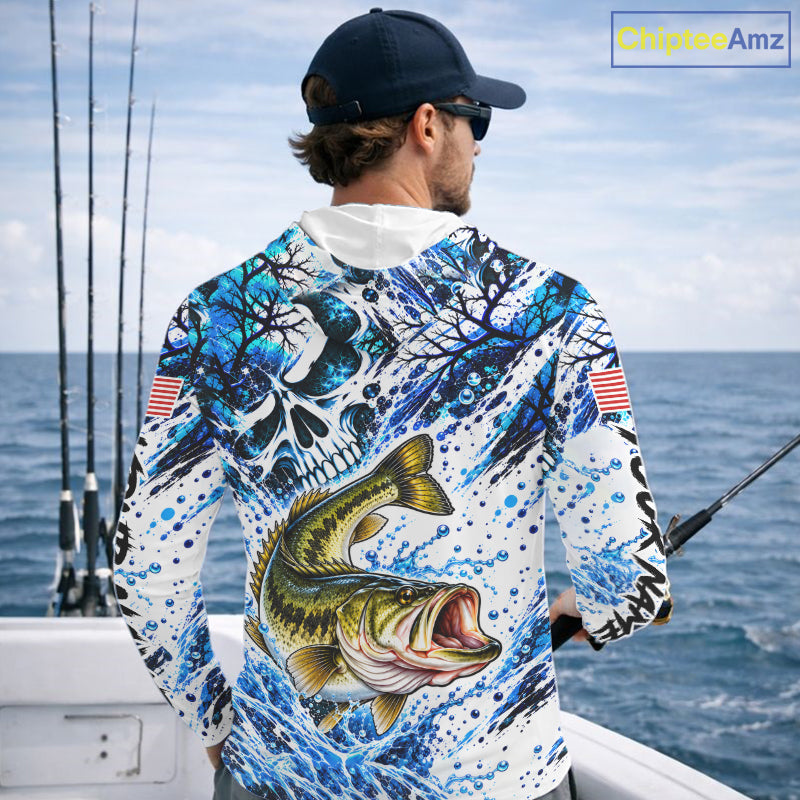 Largemouth Bass Hooded Fishing Shirt Custom Skull Blue Splash Water US Flag Long Sleeve Apparel NHT1737