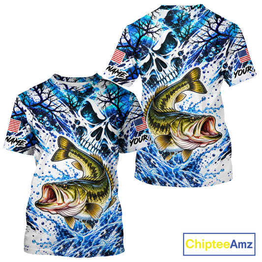 Largemouth Bass Fishing Shirt Custom Skull Blue Splash Water US Flag Short Sleeve Apparel NHT1737