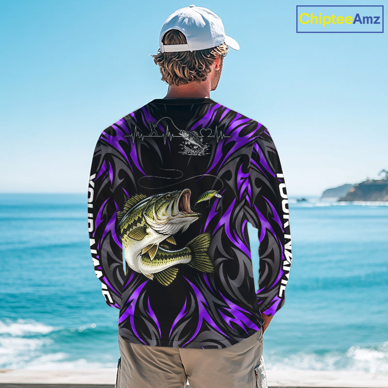Purple Neon Bass Fish Fishing Shirt Custom Outdoor Sports Angler Long Sleeve Performance Jersey NHT1738