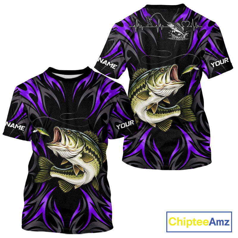 Purple Neon Bass Fish Fishing Shirt Custom Outdoor Sports Angler Short Sleeve Performance Jersey NHT1738