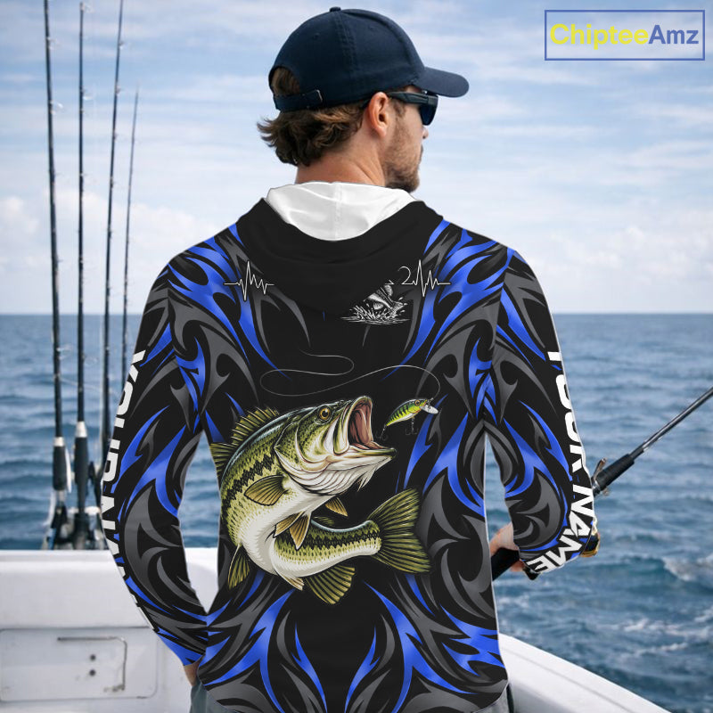 Blue Neon Bass Fish Hooded Fishing Shirt Custom Outdoor Sports Angler Long Sleeve Performance Jersey NHT1739
