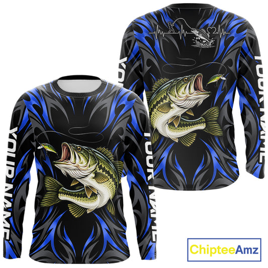 Blue Neon Bass Fish Fishing Shirt Custom Outdoor Sports Angler Long Sleeve Performance Jersey NHT1739