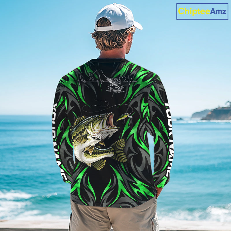 Green Neon Bass Fish Fishing Shirt Custom Outdoor Sports Angler Long Sleeve Performance Jersey NHT1740